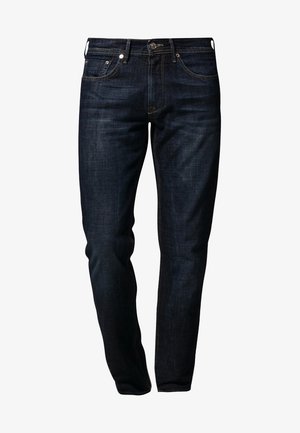 Jeans slim fit blu scuro con tasche anteriori, passanti per cintura e chiusura con bottone, mostrati su sfondo bianco.