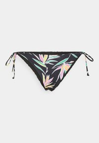 Parte de baixo de biquíni preta com padrão de folhas tropicais em rosa, verde e amarelo. Apresenta cordões ajustáveis de cada lado para um melhor ajuste. Textura suave.