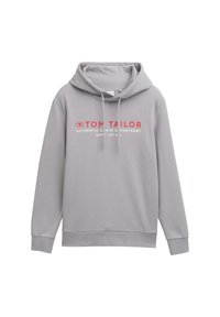 Sweat à capuche gris en tissu doux, doté de cordons de serrage et d'une inscription en rouge. Poignets et ourlet côtelés. Design simple.