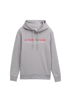 Szürke, kapucnis pulóver, puha anyagból készült, húzózsinórral és piros nyomott logóval rendelkezik. Bordás mandzsetták és hem. Egyszerű dizájn.