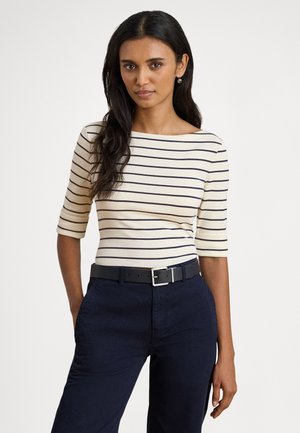 STRIPED STRETCH COTTON BOATNECK TEE - T-shirt imprimé - mascarpone cream/lauren navy