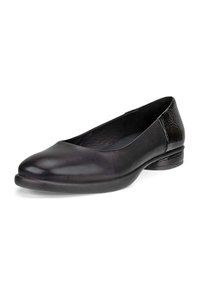 Black leather ballet flat featuring a rounded toe, smooth surface, and textured heel accent with a low profile black sole.