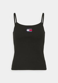 Czarny prążkowany top na ramiączkach z cienkimi paskami, z prostokątnym logo Tommy Jeans w kolorach niebieskim, czerwonym i białym na klatce piersiowej.