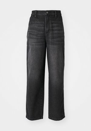 Svarta denimbyxor med vida ben, hög midja, knappstängning och femficksdesign. Mjuk textur med en lätt urtvättad finish.