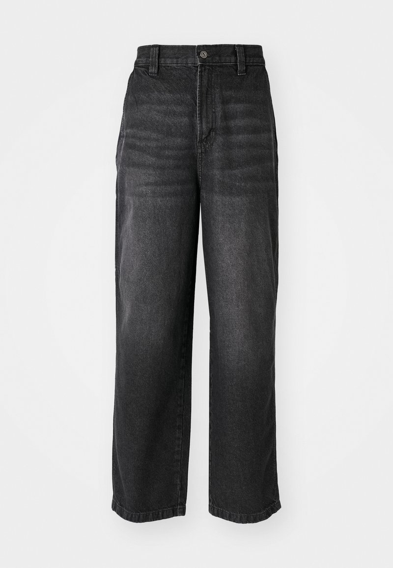 Schwarze Denim-Hosen mit weitem Bein und hoher Taille, Knopfverschluss und fünf Taschen. Weiche Textur mit einem leicht verwaschenen Finish.