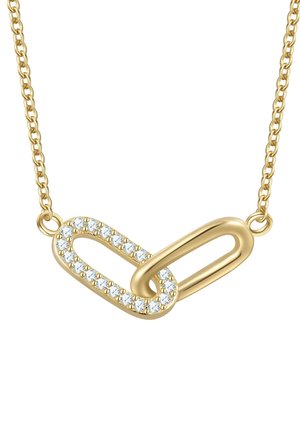 Collana in oro con un design a catena, un anello decorato con cristalli trasparenti, texture liscia e finitura lucida.