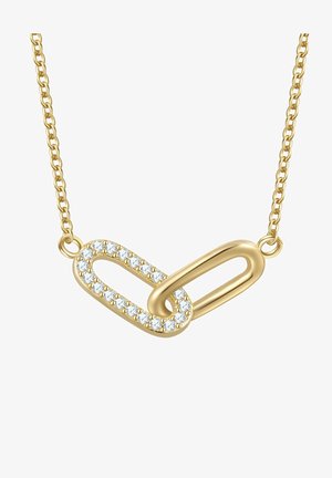 Zlati verižni ogrlica z povezanim dizajnom, en povez je okrašen z prozornimi kristali, gladka tekstura in poliran končni izgled.