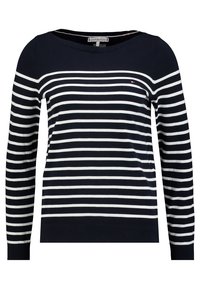 Pull bleu marine à manches longues avec des rayures horizontales blanches et un col bateau, avec un petit logo Tommy Hilfiger sur la poitrine.