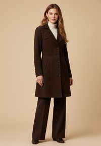 Brown suede coat with a notched collar, seven front buttons, side pockets, and tailored fit, paired with matching brown wide-leg pants.