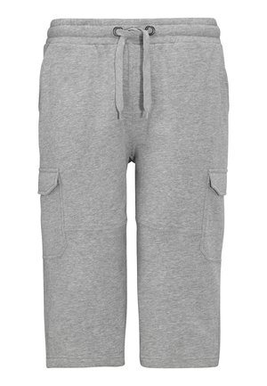 Grå bomulds cargo shorts med elastisk talje, snor og to sidelommer. Stoffet er glat og let.