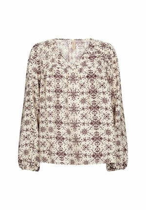 Luźna bluzka z dekoltem w serek, długimi rękawami i florystycznym wzorem w burgundzie na kremowym tle. Lekki, teksturowany materiał.