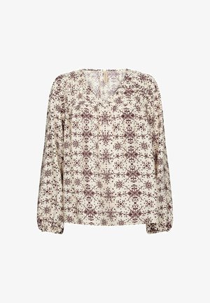 Luźna bluzka z dekoltem w serek, długimi rękawami i florystycznym wzorem w burgundzie na kremowym tle. Lekki, teksturowany materiał.