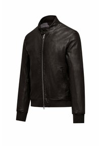 Giacca nera in pelle con zip frontale, colletto alla coreana e tasche laterali. Presenta polsini a coste e una texture liscia e lucida.