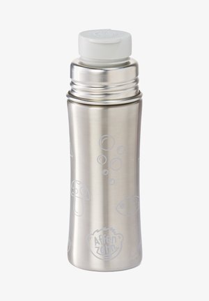 Stainless steel water bottle with a smooth finish, featuring white line drawings of bubbles, mushrooms, and a fish; screw-on white lid.