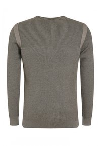 Maglione a maniche lunghe a coste in grigio tenue con scollo rotondo, che mostra la vista posteriore e dettagli sottili sulle spalle.