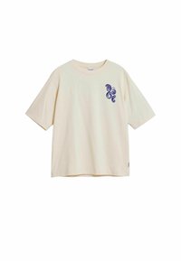 Cream-colored short-sleeve t-shirt made of cotton, featuring a blue snake graphic on the left chest area, with a relaxed fit and round neckline.
