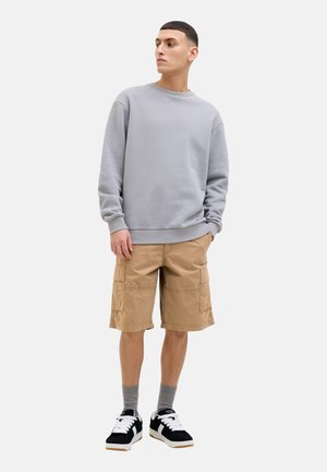 Hellgrauer Rundhalsausschnitt-Sweatshirt, sandfarbene Cargo-Shorts mit seitlichen Taschen, graue Socken, schwarz-weiße Sneakers, stehend vor einem schlichten weißen Hintergrund.