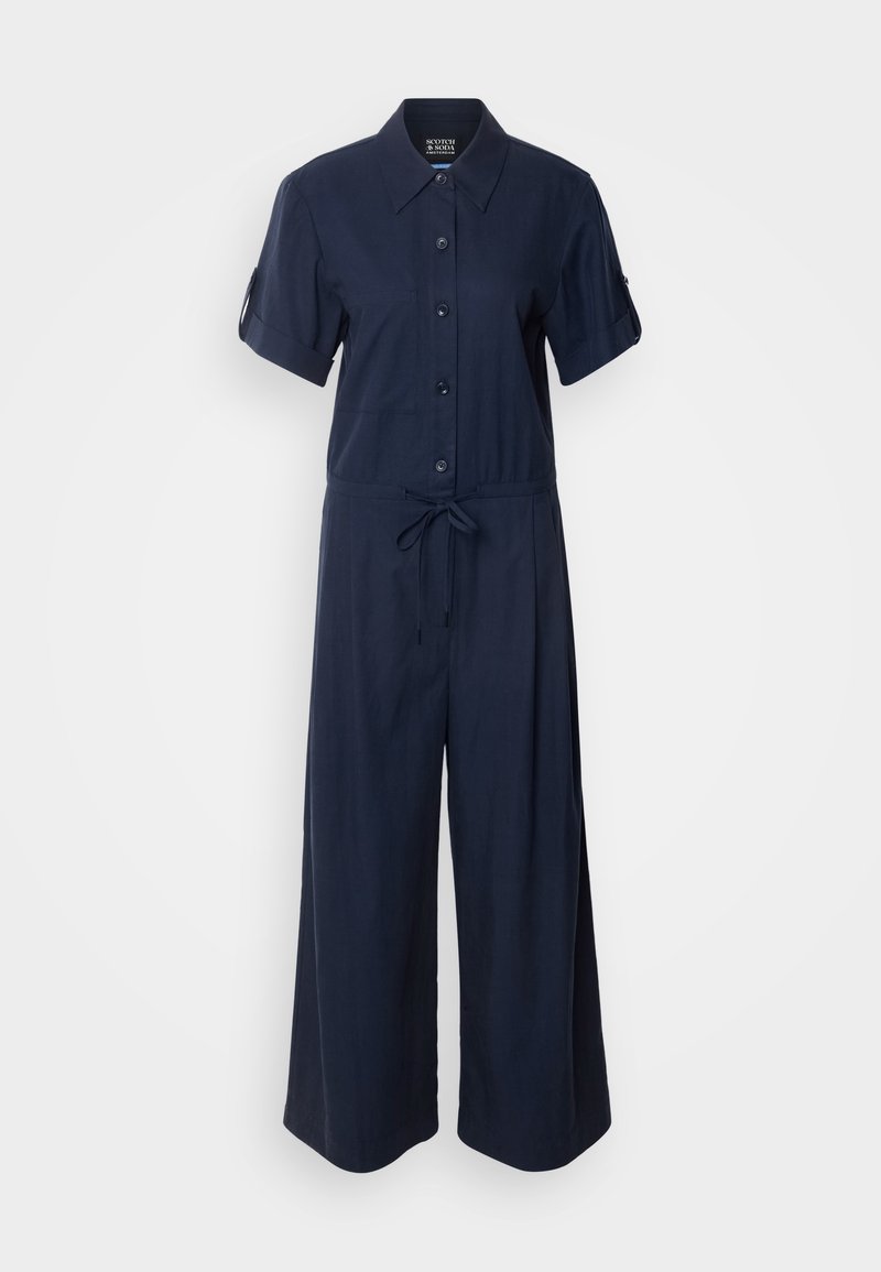 Navyblauer Jumpsuit mit kurzen Ärmeln, Knopfleiste und gebundenem Taillenband. Mit strukturiertem Kragen und weit geschnittenem Design. Leichter Stoff.