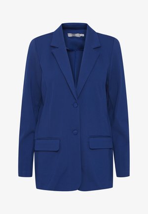 Blazer blu con rever a punta, due tasche frontali e chiusura con un solo bottone. Realizzato in tessuto liscio con una vestibilità sartoriale e una forma strutturata.