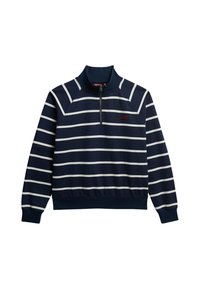 Sweatshirt bleu marine à fermeture éclair quart avec des rayures horizontales blanches et un texte rouge brodé sur la poitrine gauche, manches longues, et poignets et ourlet côtelés.