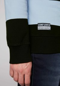 Felpa a strisce nere e azzurre, con polsini a costine e un'etichetta con la scritta "CAMP DAVID" sull'orlo inferiore. Materiale in cotone morbido.