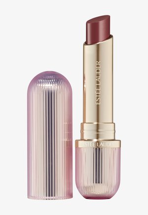 Pomadka do ust w złotej i fakturowanej różowej tubce z zdejmowaną nakrętką, marka Estée Lauder, głęboki odcień mauve.
