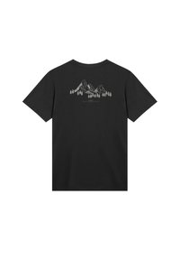 Schwarzes Baumwoll-T-Shirt mit einem weißen Berg- und Baum-Design auf der Rückseite. Kurzärmlig und mit Rundhalsausschnitt. Einfaches, modernes Design.