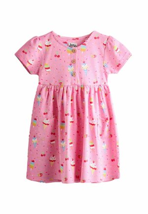 Lyserød babykjole med korte ærmer, tre træknapper på brystet, forlommer, pyntet med is, ispinde og kirsebærmønstre.