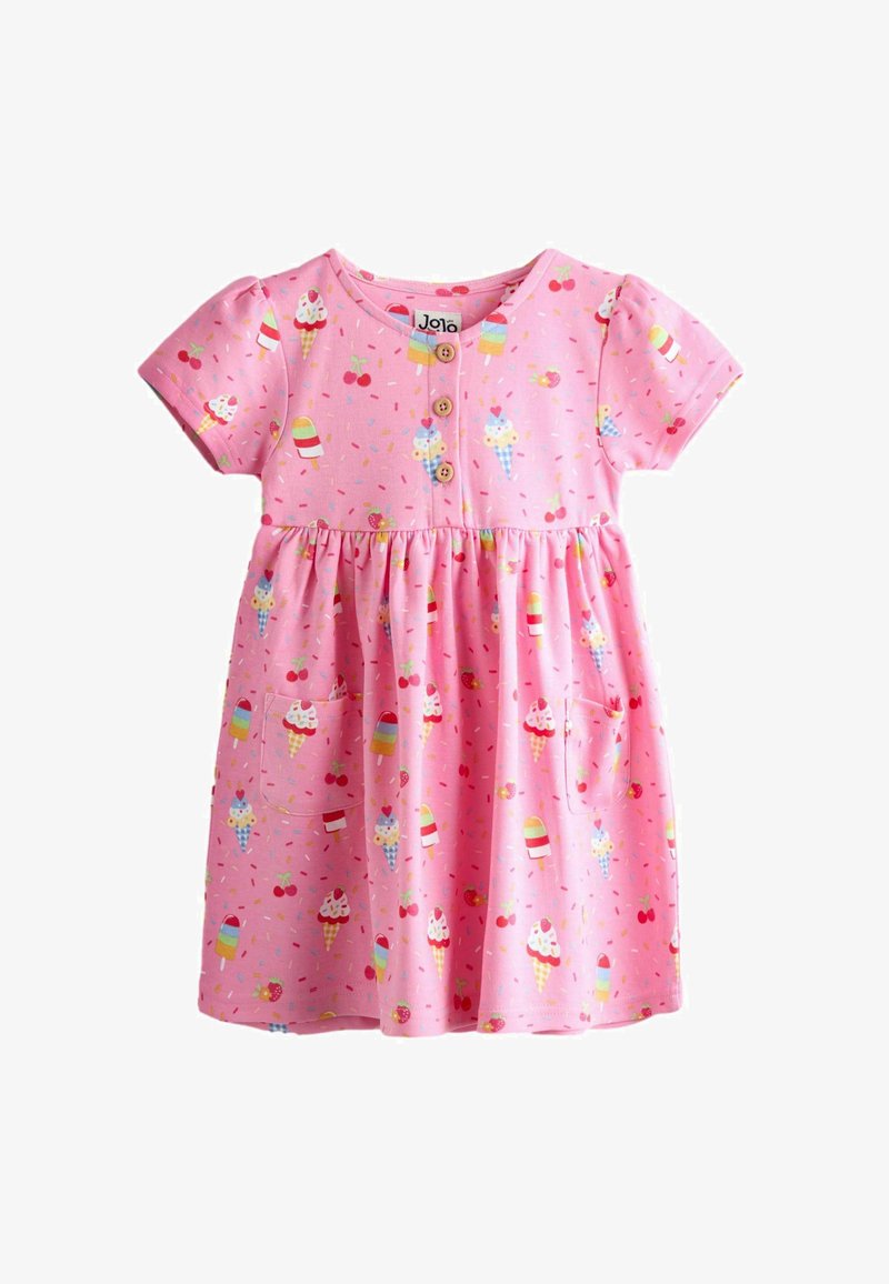 Vestido rosa para niña pequeña con mangas cortas, tres botones de madera en el pecho, bolsillos delanteros, decorado con patrones de helados, polos y cerezas.