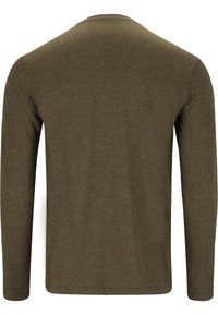 Langärmliges Shirt in Olivgrün, aus weichem, strukturiertem Stoff gefertigt. Hat einen runden Halsausschnitt und einen geraden Saum, mit minimalen Nähten.