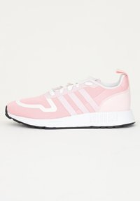 Pink athletic sneakers with mesh and synthetic upper, white accents, three stripes, padded collar, and black rubber sole.