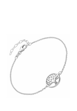 Delicate silver bracelet with a tree of life charm in a circle and an adjustable chain clasp on a white background.
