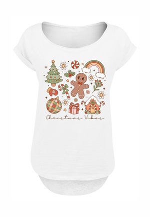 Weißes Hemd mit bunten, weihnachtlichen Symbolen, darunter ein Lebkuchenmann, ein Baum, ein Zuckerstange, ein Geschenk, ein Handschuh, ein Regenbogen und ein Lebkuchenhaus.