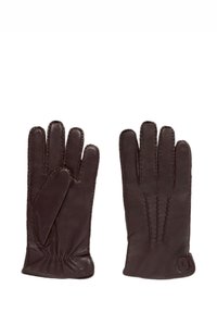 Gants en cuir marron avec un design à cinq doigts, ornés de détails cousus et d'un poignet froncé. Texture douce avec une finition lisse.