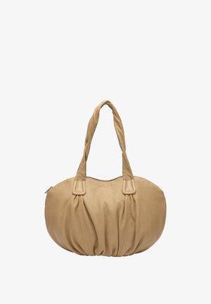 Beige leather handbag with pleated details, two twisted shoulder straps, and a top zipper closure.