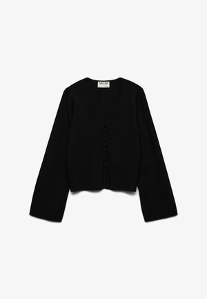 Cardigan noir court avec un col en V, des manches longues et une fermeture à bouton à sept boutons sur le devant. Fabriqué dans un matériau doux avec une texture lisse.
