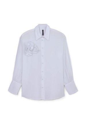 White long-sleeve button-up shirt with a structured collar, gathered detailing on the chest, and fitted cuffs. Smooth fabric finish.