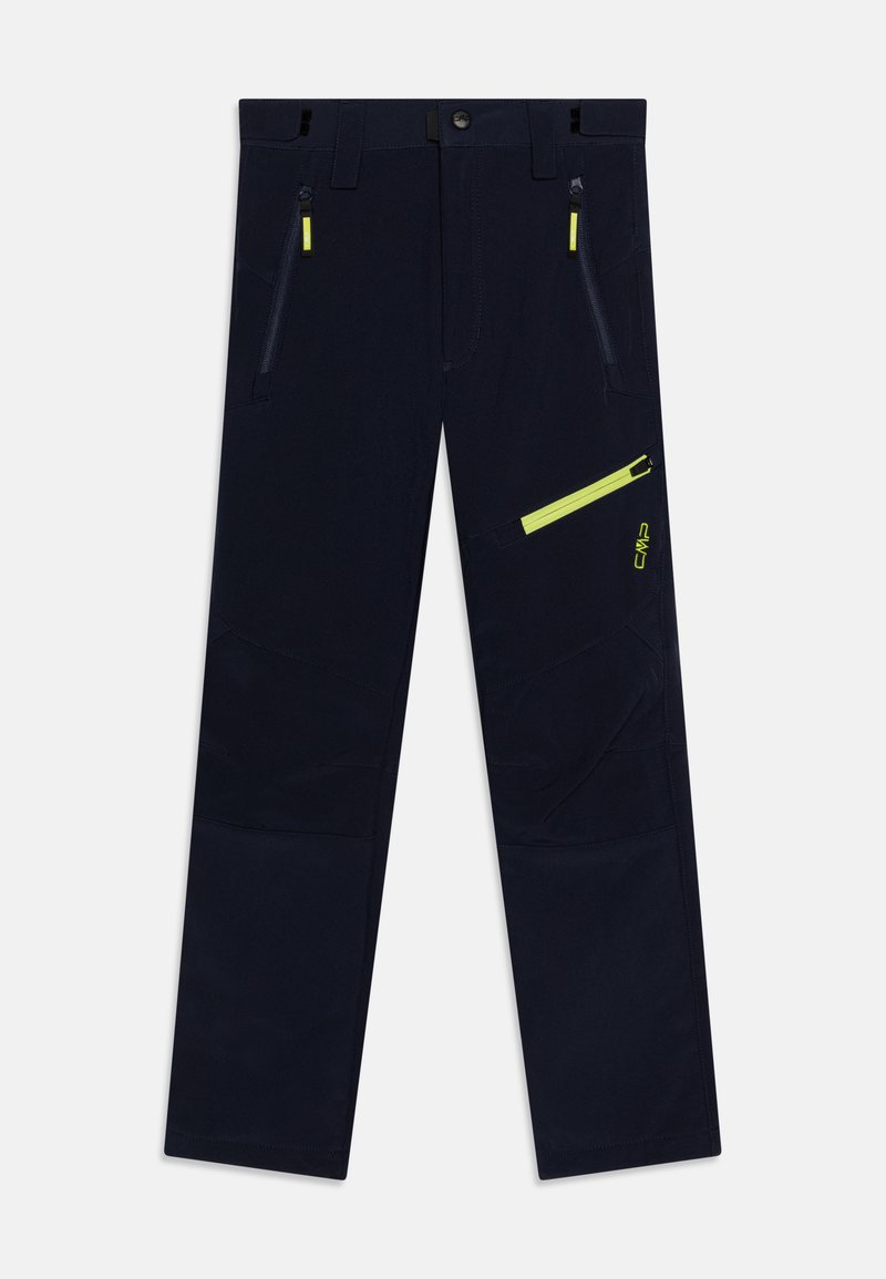 Calças de exterior azul-marinho com detalhes em zíper amarelo, secções de joelhos reforçadas e vários bolsos com zíper para armazenamento. Feitas de tecido durável.