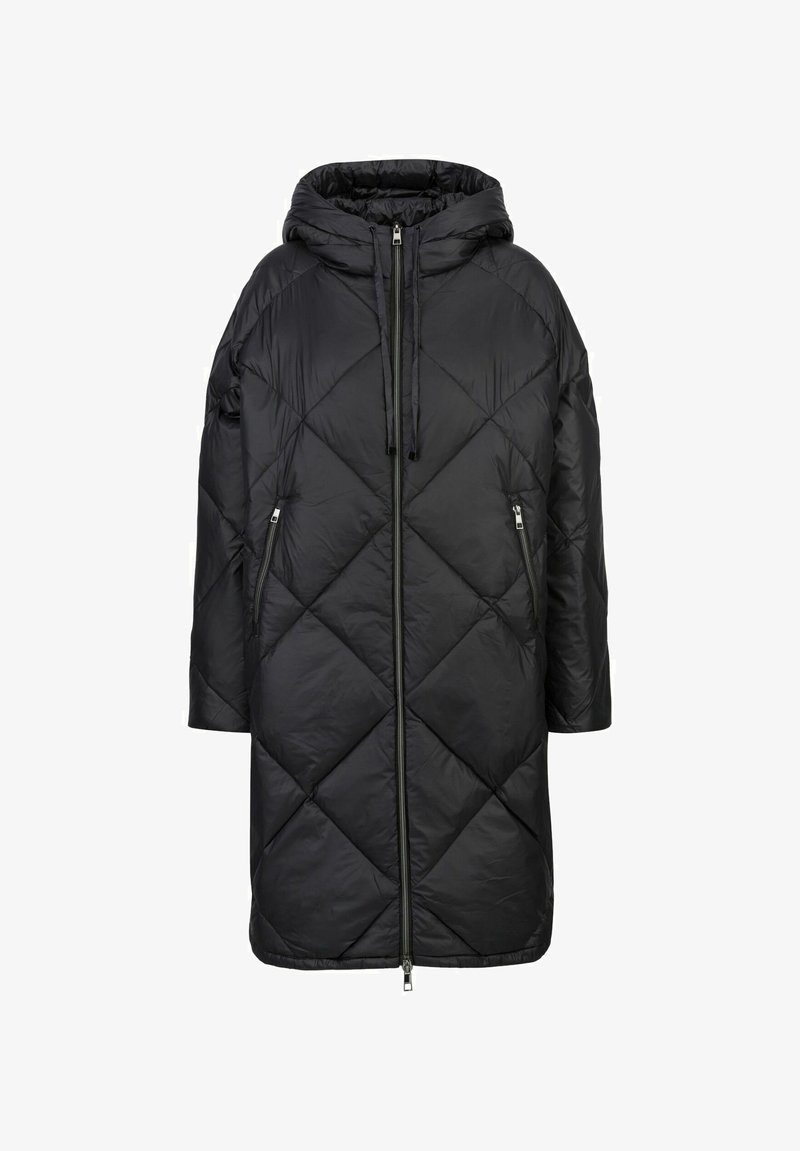 Schwarzer gesteppter langer Mantel mit Kapuze, ausgestattet mit einem Frontreißverschluss, zwei seitlichen Reißverschlusstaschen und einer kastigen Silhouette. Mattes Finish, weiche Textur.