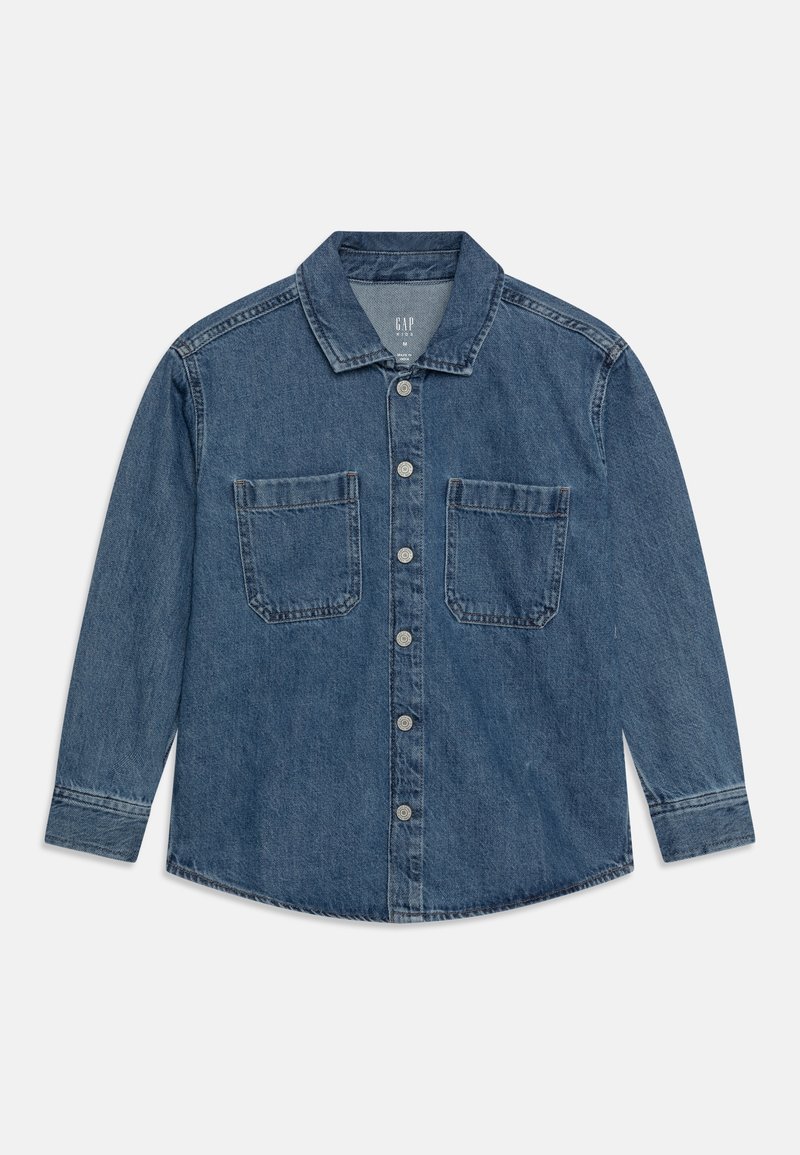 Denim shirt featuring a classic collar, button-front closure, two chest pockets, and long sleeves in a medium blue wash.