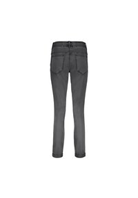 Grå denimjeans med en tætsiddende form, der har en elastik i bagkanten, to baglommer og opsmøgede ben ved anklerne.