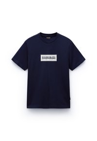 Navy blue cotton T-shirt with a crew neck, featuring a white rectangular logo design with "NAPAPIJRI geographic" text on the front.