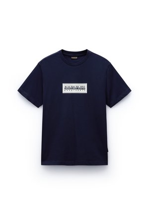 Navy blue cotton T-shirt with a crew neck, featuring a white rectangular logo design with "NAPAPIJRI geographic" text on the front.