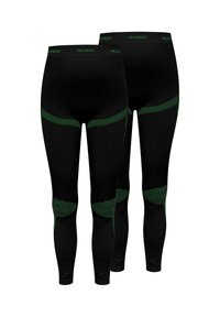 Schwarze Leggings mit grünen Akzenten. Sie verfügen über einen strukturierten Bund, gemusterte Bereiche und gestreifte Details an den Knien für eine verbesserte Passform.