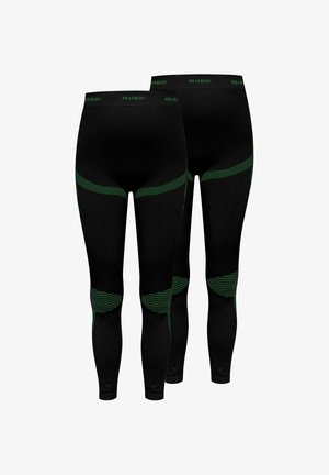 Black leggings with green accents. Features include a textured waistband, patterned sections, and striped details at knees for enhanced fit.