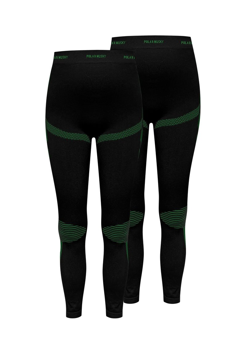 Schwarze Leggings mit grünen Akzenten. Sie verfügen über einen strukturierten Bund, gemusterte Bereiche und gestreifte Details an den Knien für eine verbesserte Passform.