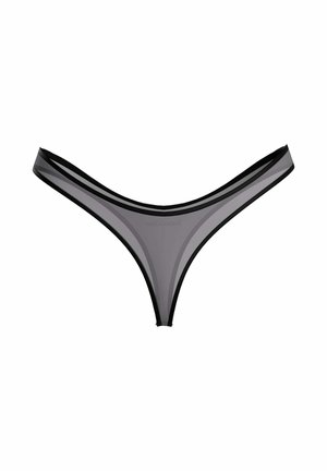 Tanga en maille transparente noire pour femme, avec taille fine et coutures, sur fond blanc.