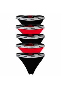 Schwarze und rote Bikini-Hosen mit elastischen Bändern, die das "HUGO"-Logo in Weiß zeigen, und einen glatten Stofftextur sowie ein minimalistisches Design aufweisen.