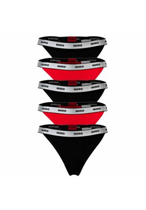Bas de bikini noir et rouge avec des bandes élastiques portant le logo "HUGO" en blanc, mettant en valeur une texture de tissu lisse et un design minimaliste.