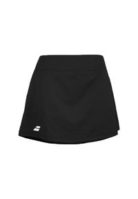 Schwarzer Sportrock mit einem breiten Bund und einem kleinen weißen Logo nahe dem unteren Saum auf einem schlichten weißen Hintergrund.